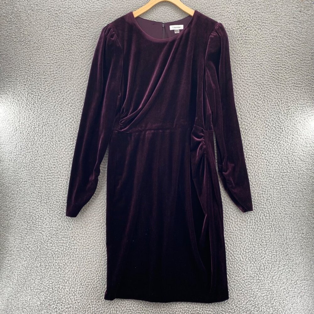 Calvin Klein Dress Womens 14 Purple Velvet Shift Long Puff Sleeve Pleated Knee
